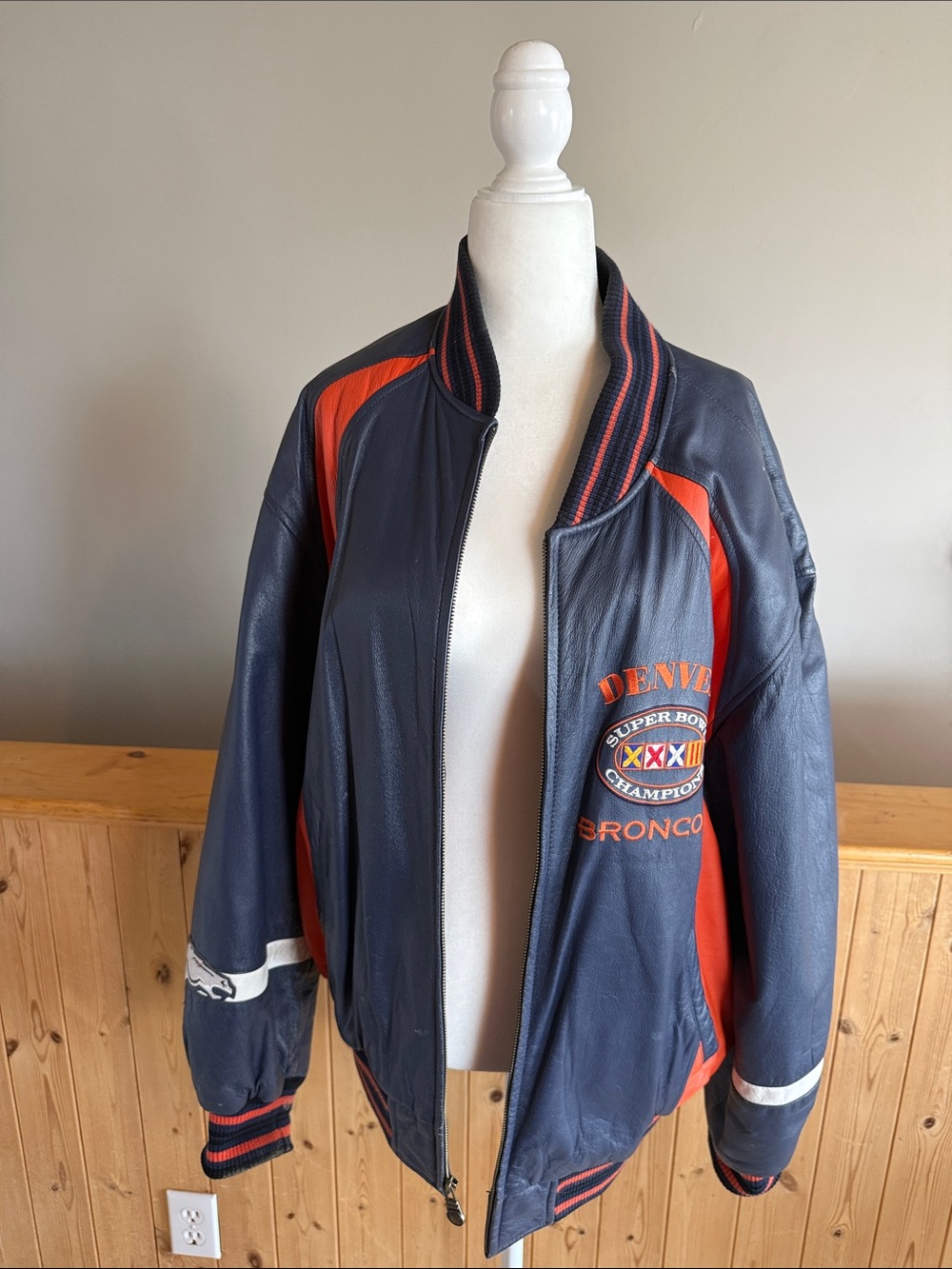 Wilsons Leather Navy and Orange Broncos Leather Bomber Jacket